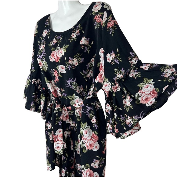 You + All Tops - You + All Floral Top with Tie Black & Pink Flared Bell Sleeve Plus Size 20